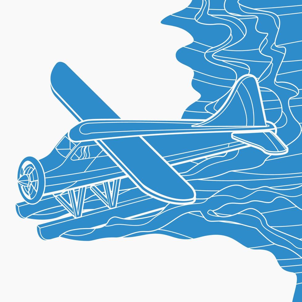 Editable Aerial Three-Quarter Oblique Front View Pontoon Floating Plane on a Wavy Lake Vector Illustration in Flat Monochrome Style for Transportation or Recreation Related Design
