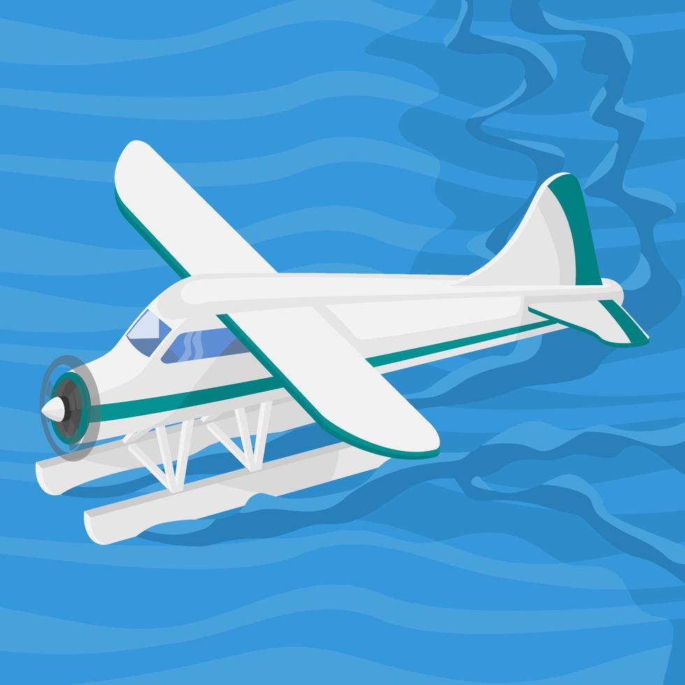 Editable Aerial Three-Quarter Oblique Front View Pontoon Floating Plane on a Wavy Lake Vector Illustration for Transportation or Recreation Related Design