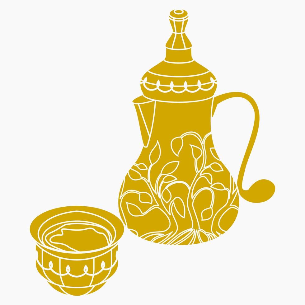 Editable Isolated Flat Monochrome Style Arab Coffee in Patterned Bulbous Bottom Dallah Pot and Finjan Cup Vector Illustration for Cafe With Middle Eastern Culture Tradition and Islamic Moments Design