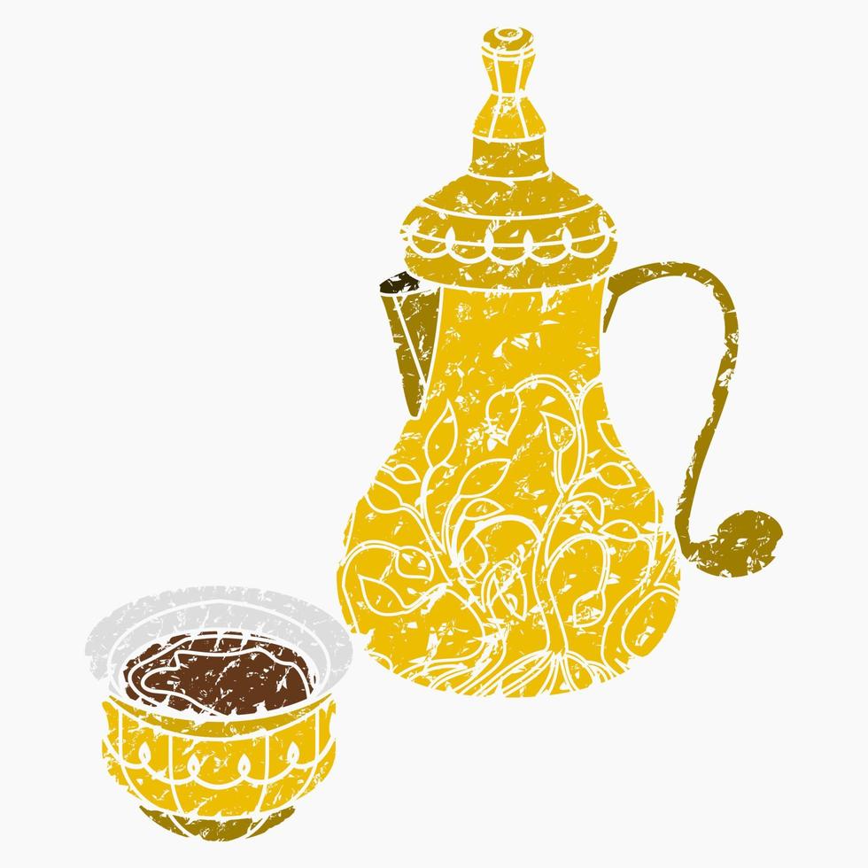 trazos de pincel aislados editables estilo café árabe en maceta de dallah con fondo bulboso estampado e ilustración de vector de taza finjan para café con tradición cultural del medio oriente y diseño de momentos islámicos