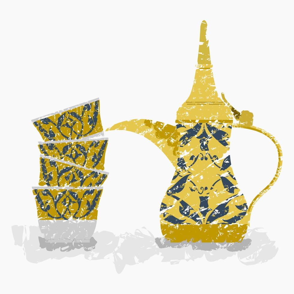 Editable Isolated Side View Arabian Dallah Coffee Pot and Finjan Cups Stack Vector Illustration in Brush Strokes Style for Cafe with Middle Eastern Culture Tradition and Islamic Moments Related Design
