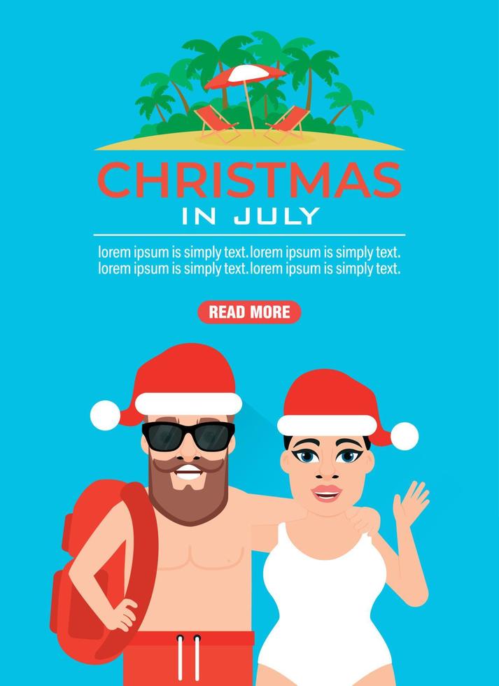 Christmas in july. Time to travel design flat with young couple vector