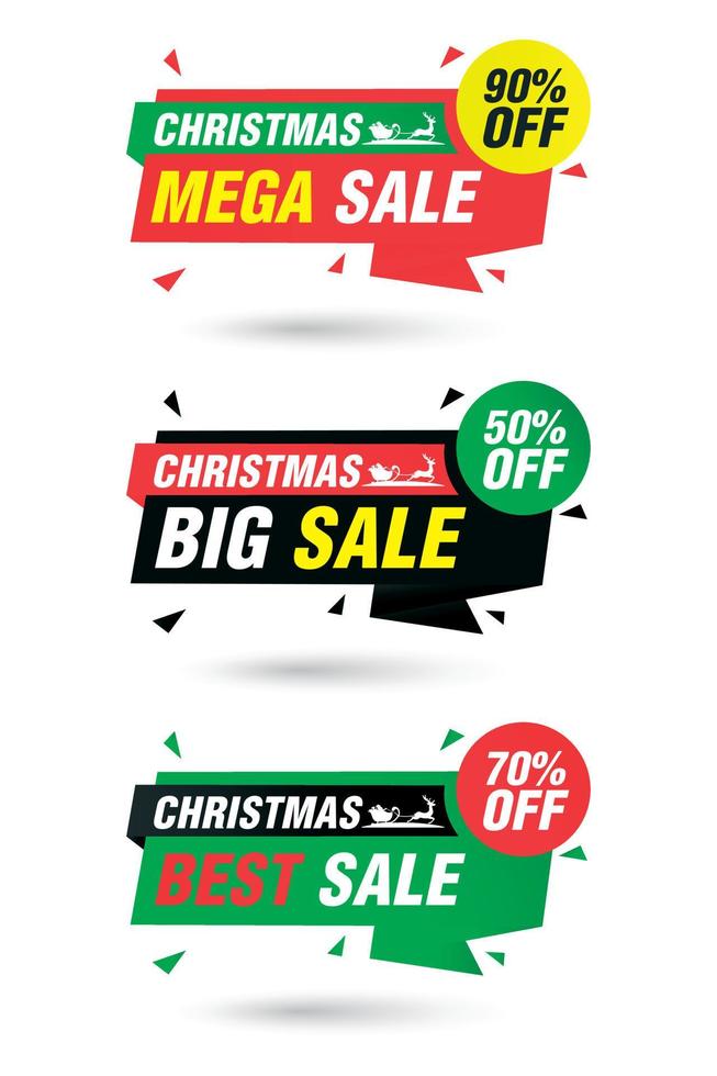 Christmas origami sale labels set. Mega Sale 90, Big Sale 50, Best Sale 70 off discount vector