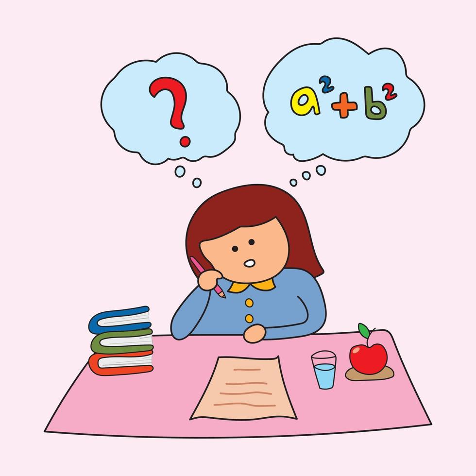 Kids drawing vector Illustration of a schoolgirl thinking about how to do her homework or assignments in a cartoon style