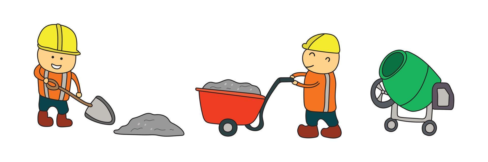 niños dibujando ilustraciones vectoriales de trabajadores de la construcción preparando hormigón con mezclador de cemento en un estilo de dibujos animados vector