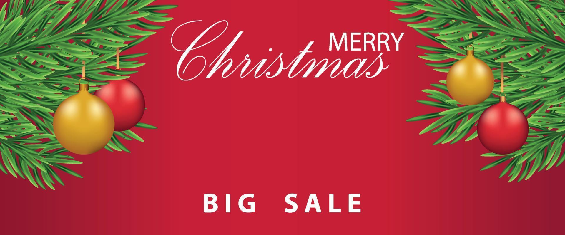 Wide banner, with Christmas tree branches and Christmas balls and with space for text, copy space. On a red background. Advertising, discounts, sale, shopping. vector