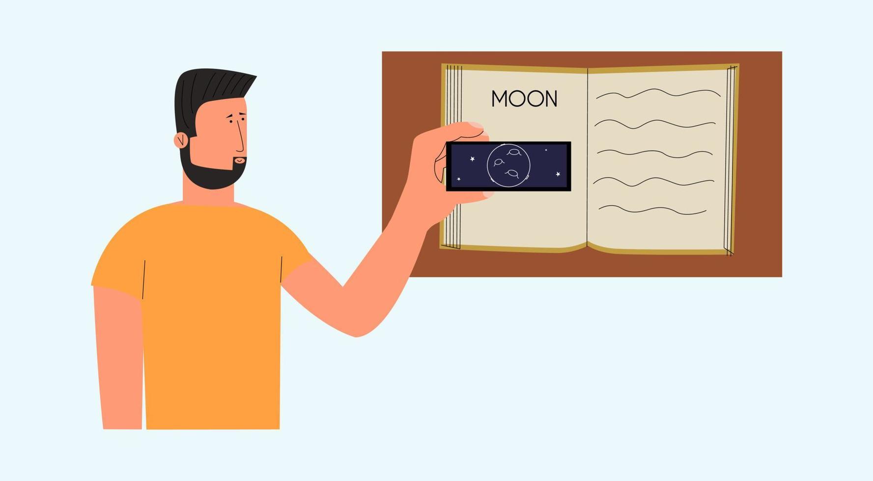 educación con realidad aumentada. un hombre está estudiando un libro de astronomía con la ayuda de la tecnología ar. ilustración vectorial vector