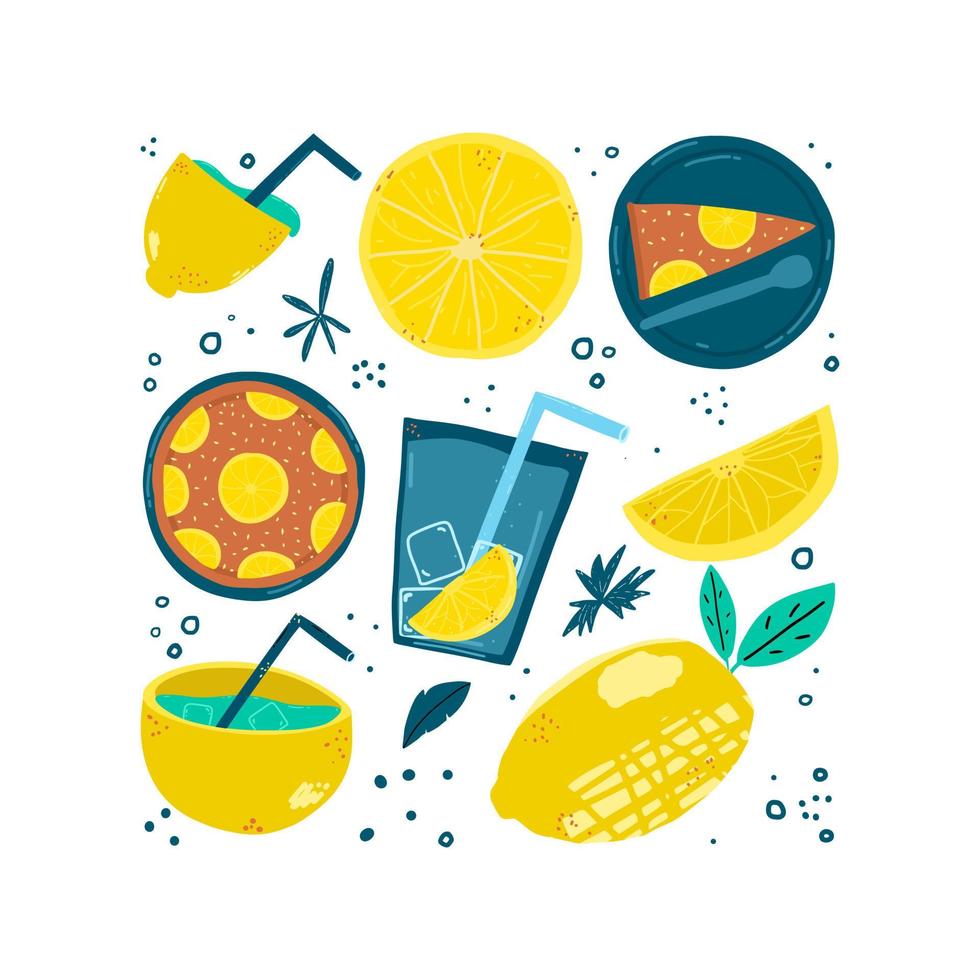 Set of design elements hand drawn with lemon. Vector illustration.