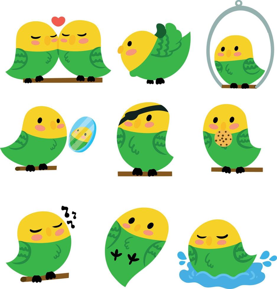 Set of cute birds. Various wavy parrots. Vector illustration. Flat simple style. Design element. Parrot collection isolated on white background
