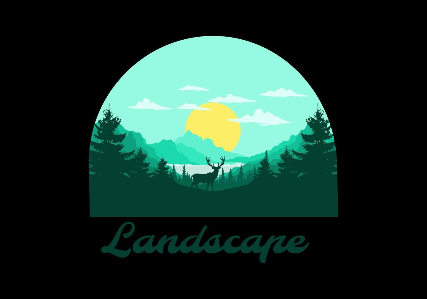 ilustración de arte paisajístico de lagos y bosques de pinos vector