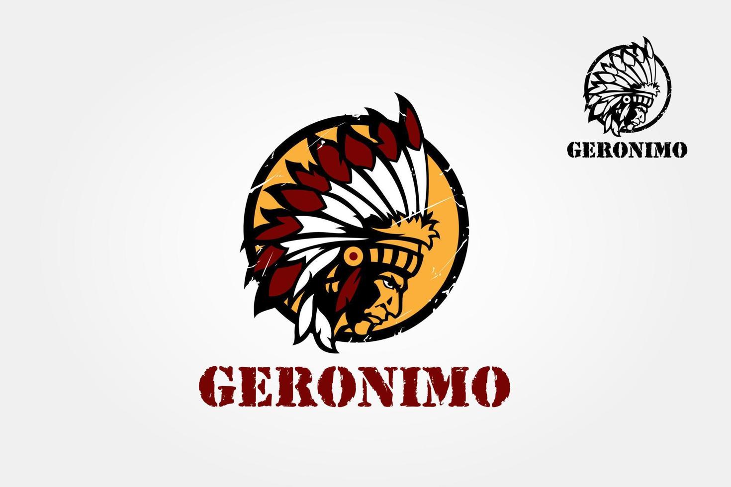 ilustración del logotipo vectorial de geronimo. ilustración del logotipo de un jefe indio nativo americano hecho en círculo estilo retro sobre fondo blanco aislado. vector