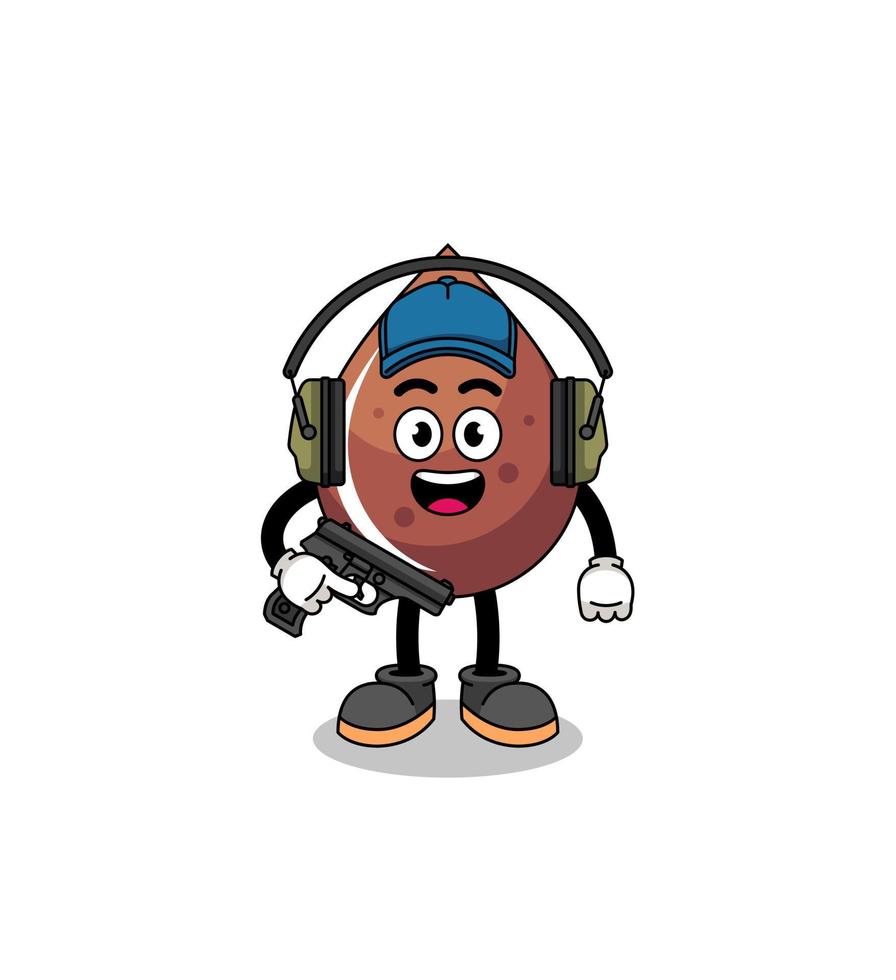 Character mascot of chocolate drop doing shooting range vector