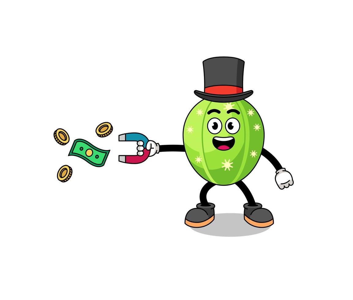 ilustración de personaje de cactus atrapando dinero con un imán vector
