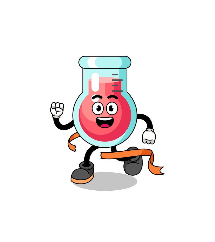 caricatura de mascota del vaso de precipitados de laboratorio corriendo en la línea de meta vector