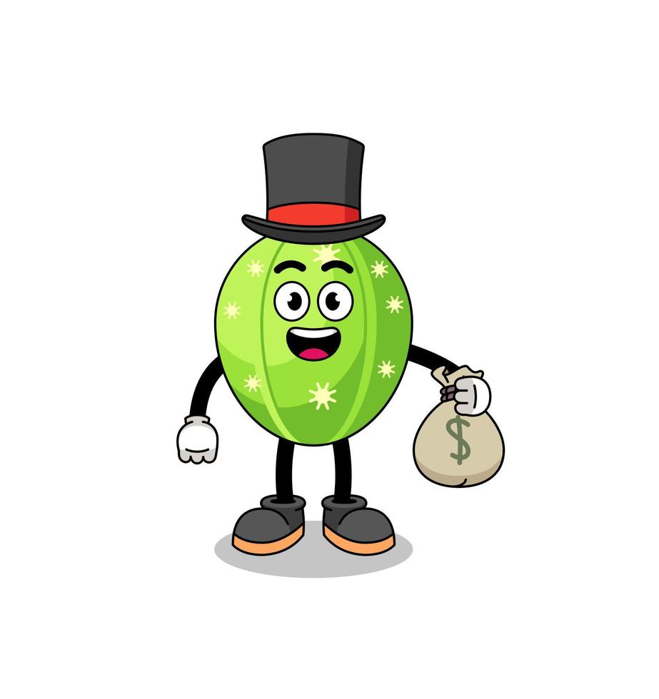 cactus mascot illustration rich man holding a money sack vector
