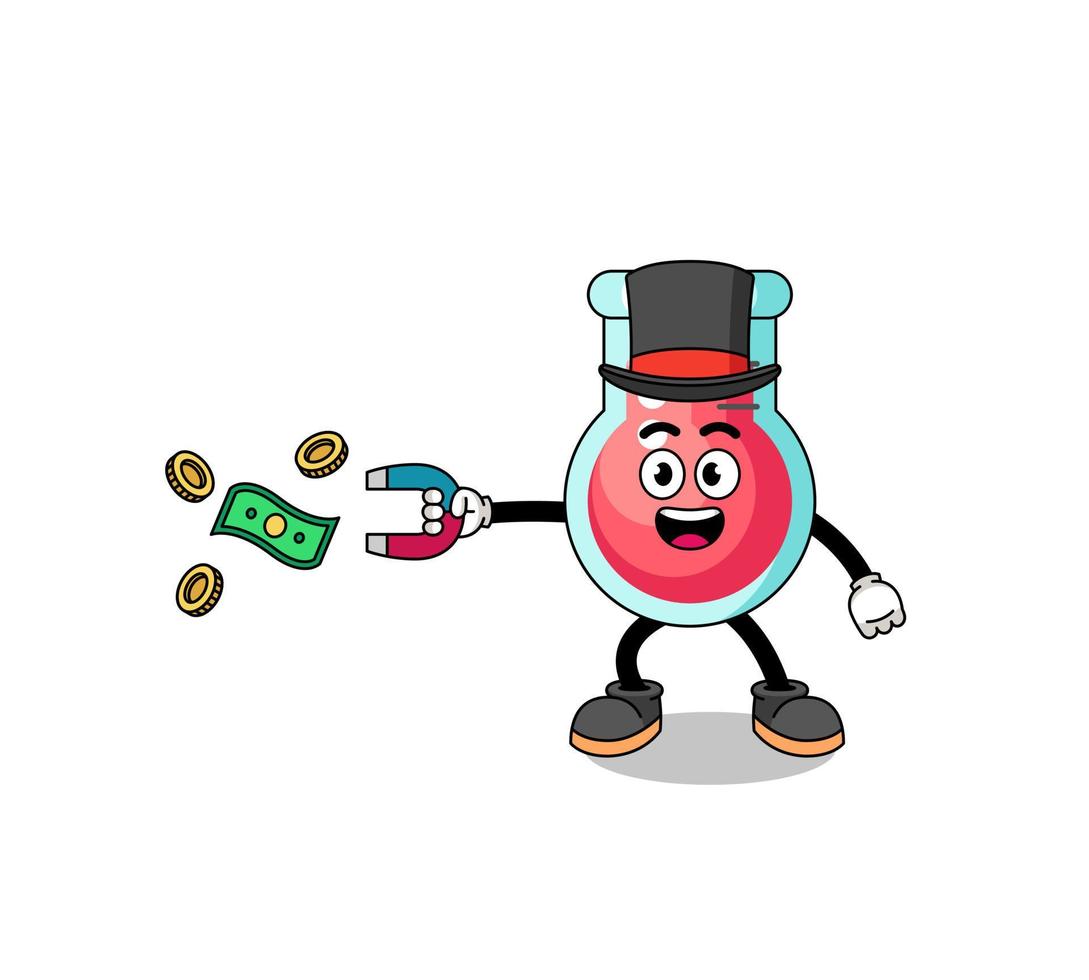 ilustración de personaje de vaso de laboratorio atrapando dinero con un imán vector