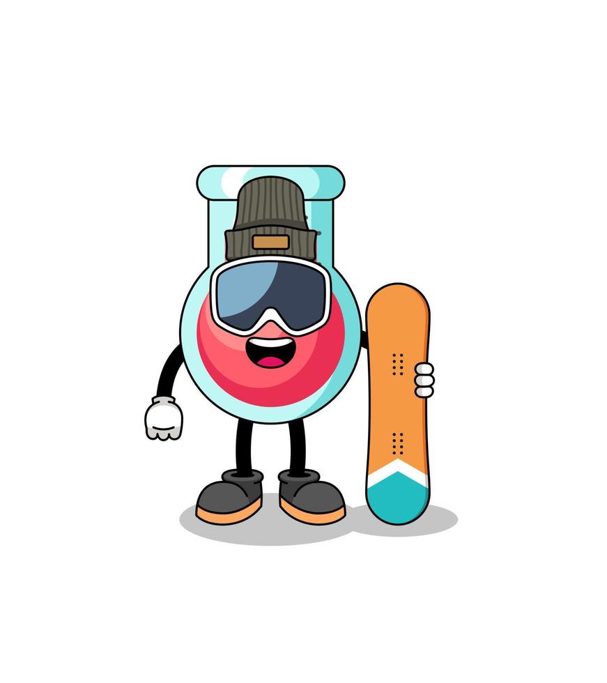 Mascot cartoon of laboratory beaker snowboard player vector