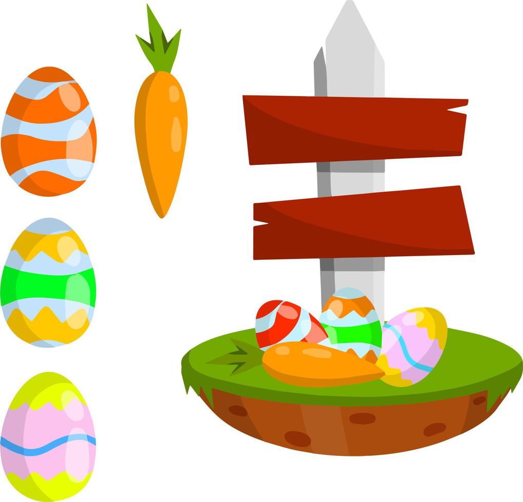 Celebration of Easter. Set of Colored painted eggs and carrot. Christian holiday. Element of child game. Cartoon flat illustration. Plate for finding objects. Sign pointer to route vector