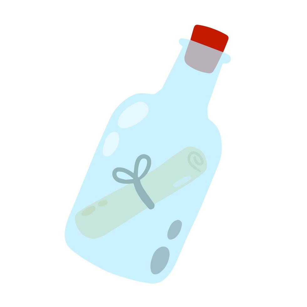 Message in bottle. Letter and pirate note. Blue glass. vector