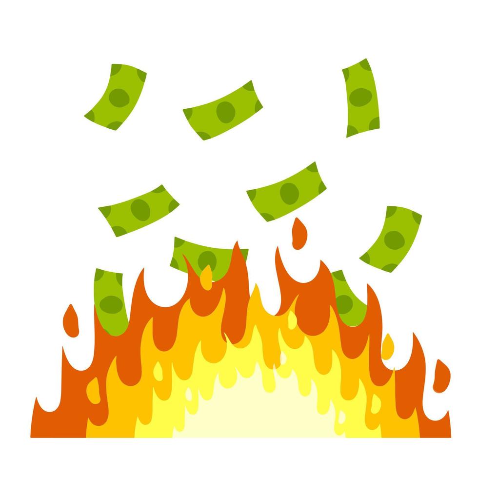 Money is on fire. Concept of the economic crisis. The flame and the burning of the banknotes. Loss of cash. Cartoon flat illustration isolated on white vector