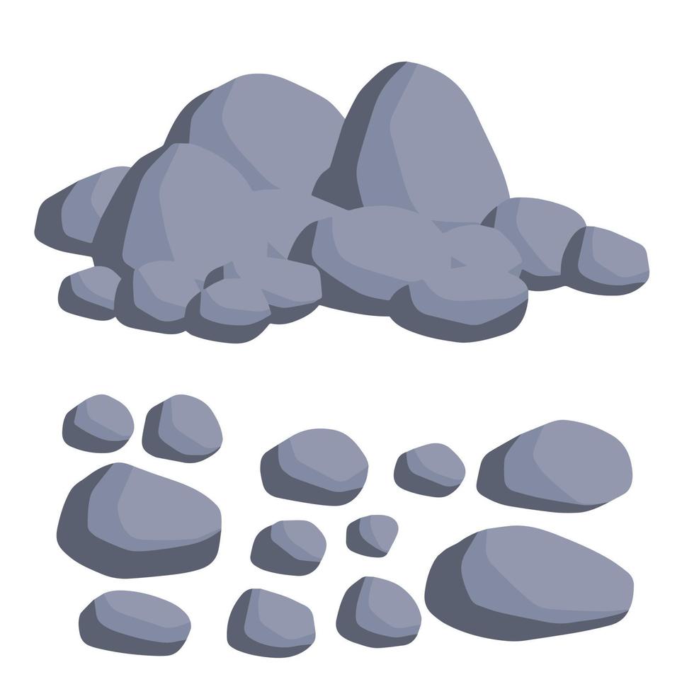 Set of stones. Pile of cobblestones. Gray geological minerals. Heavy wall construction material. Large blocks vector