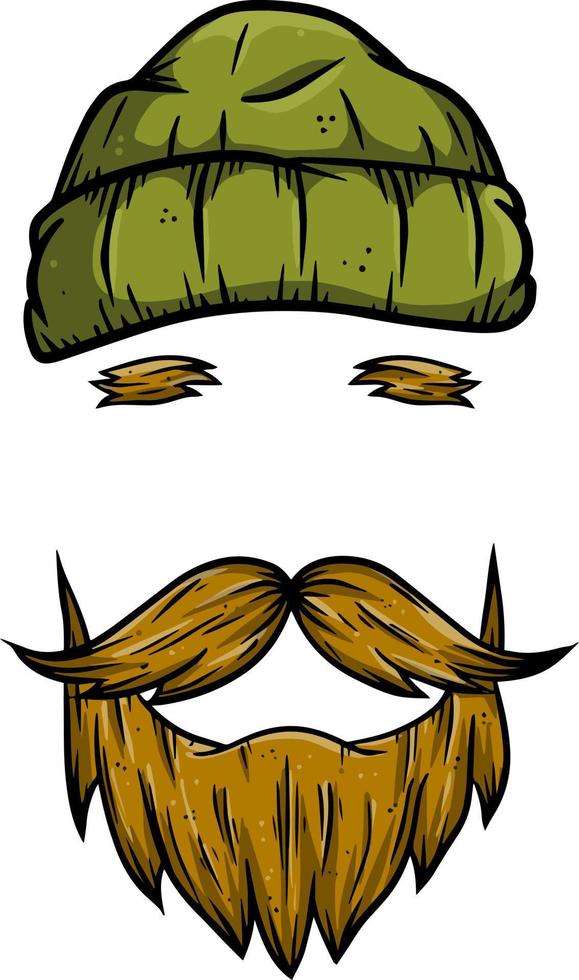 corte de pelo de moda para hombre. elemento de hipster de cabeza y cara. chico de cabello castaño. pelo y barba. barbería moda y estilo. gorro verde cálido de marinero y leñador. vector