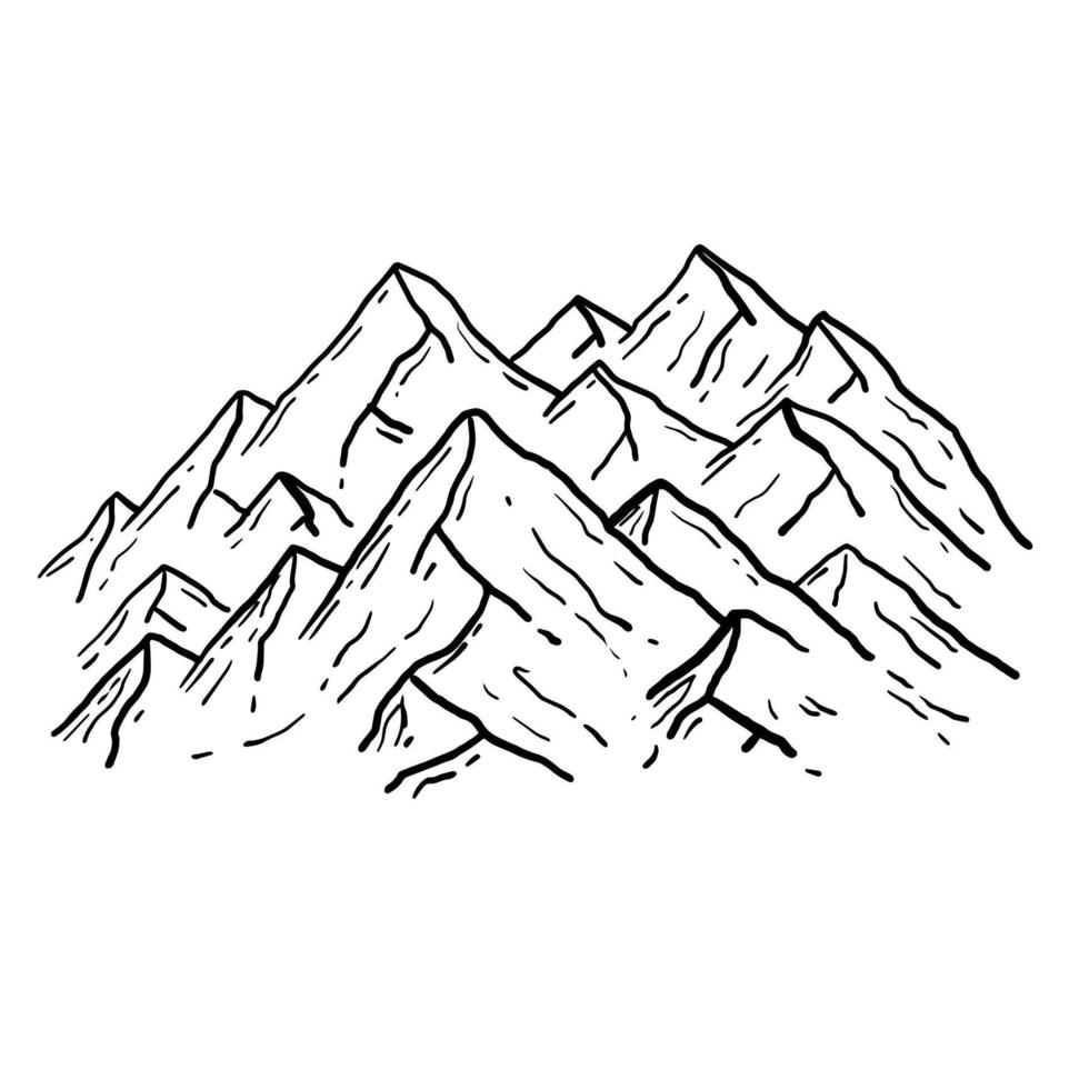 Mountains in engraving style. Nature landscape of highlands. Rocky ridge. Hand drawn design vector