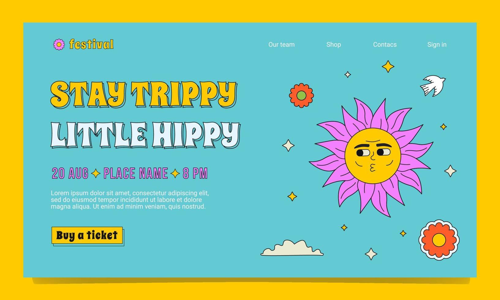 A festival landing page template in the groovy style. A colourful outlined illustration with a crazy sun with a face. vector