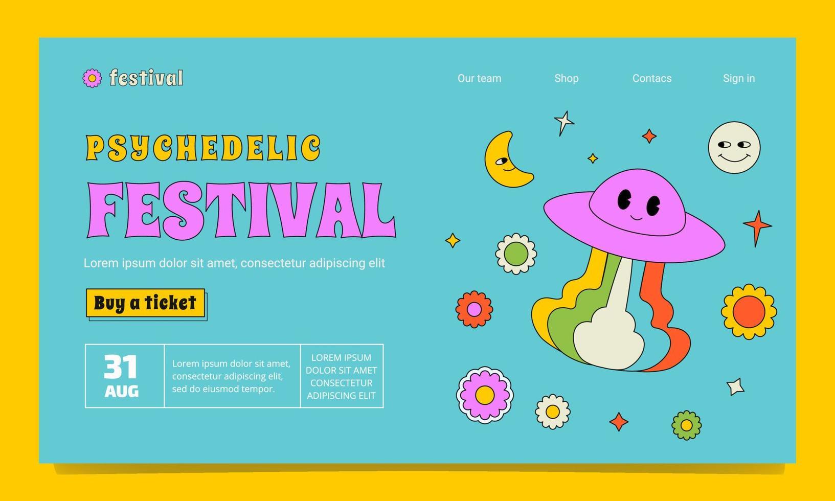 una plantilla de sitio web de festival psicodélico al estilo de los años 70 y 60. una ilustración esbozada hippy con ufo positivo, flores, planetas. vector