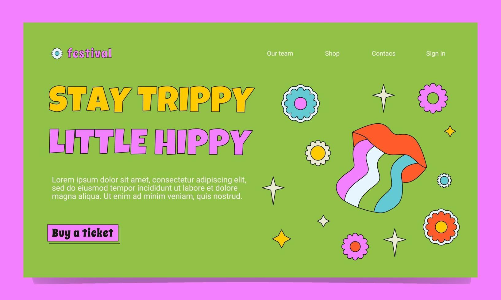 A event landing page template in the 1970s, 1960s style. A hippy outlined illustration with a with lips and wavy tongue, flowers and stars. vector
