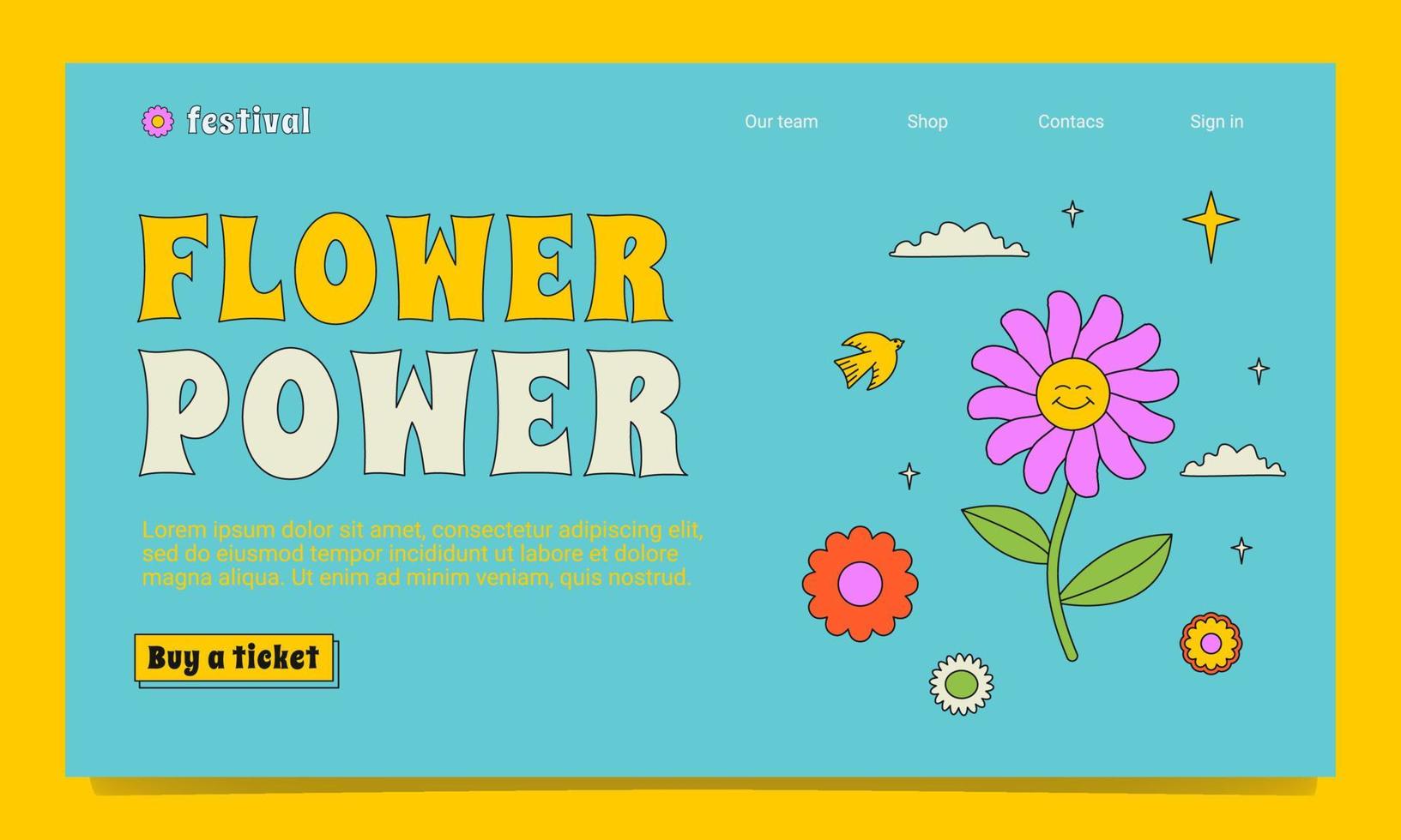A bright landing page template in the groovy style. A positive outlined illustration with rainbow, flowers and clouds. vector
