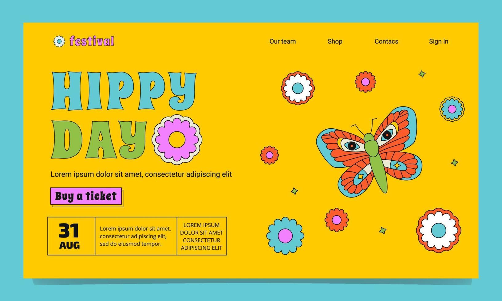 A inspirational landing page template in the groovy style. A acid outlined illustration with a butterfly, stars and flowers. vector