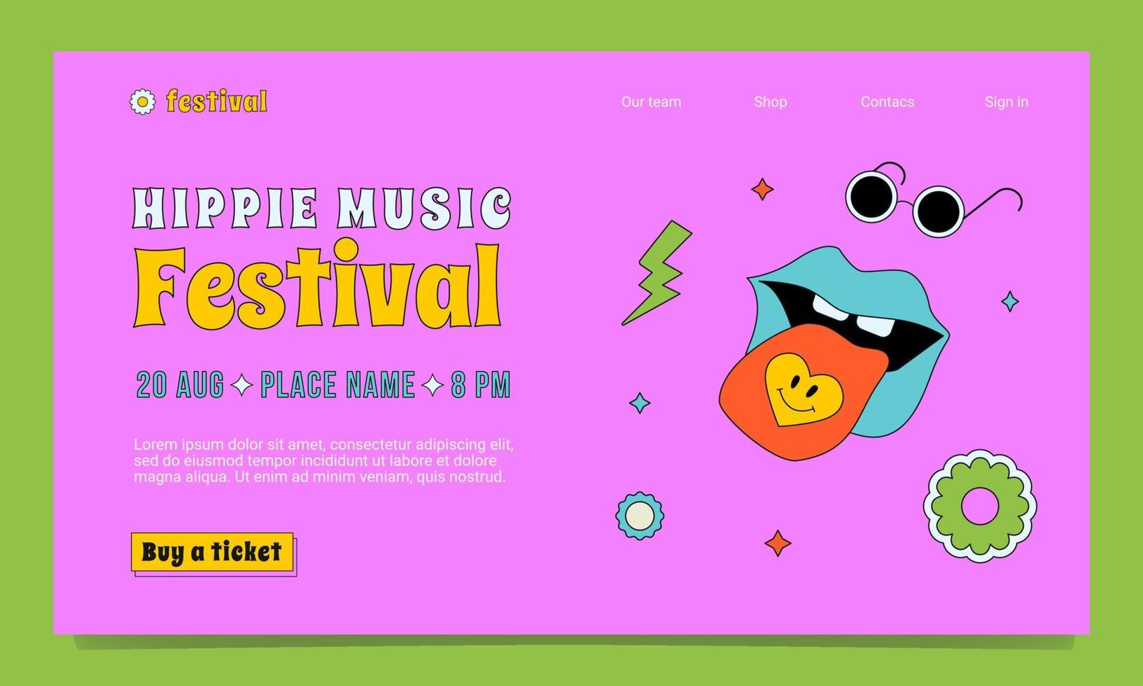A festival landing page template in the 1970s, 1960s style. A groovy outlined illustration with a with lips and tongue sticking out. vector