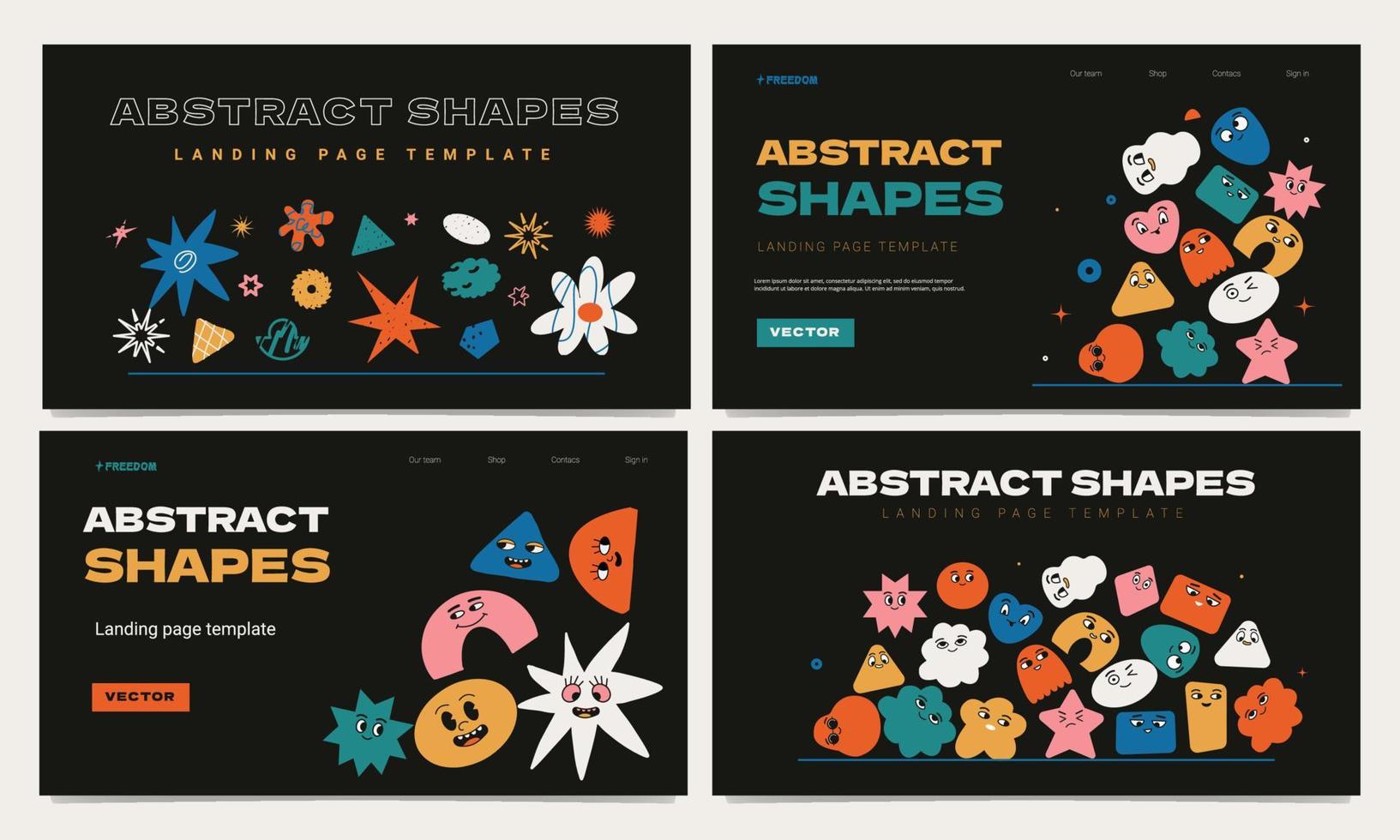 A set of landing page templates with a collection of abstract geometric multi-colored figures with various emotions and shapes. vector