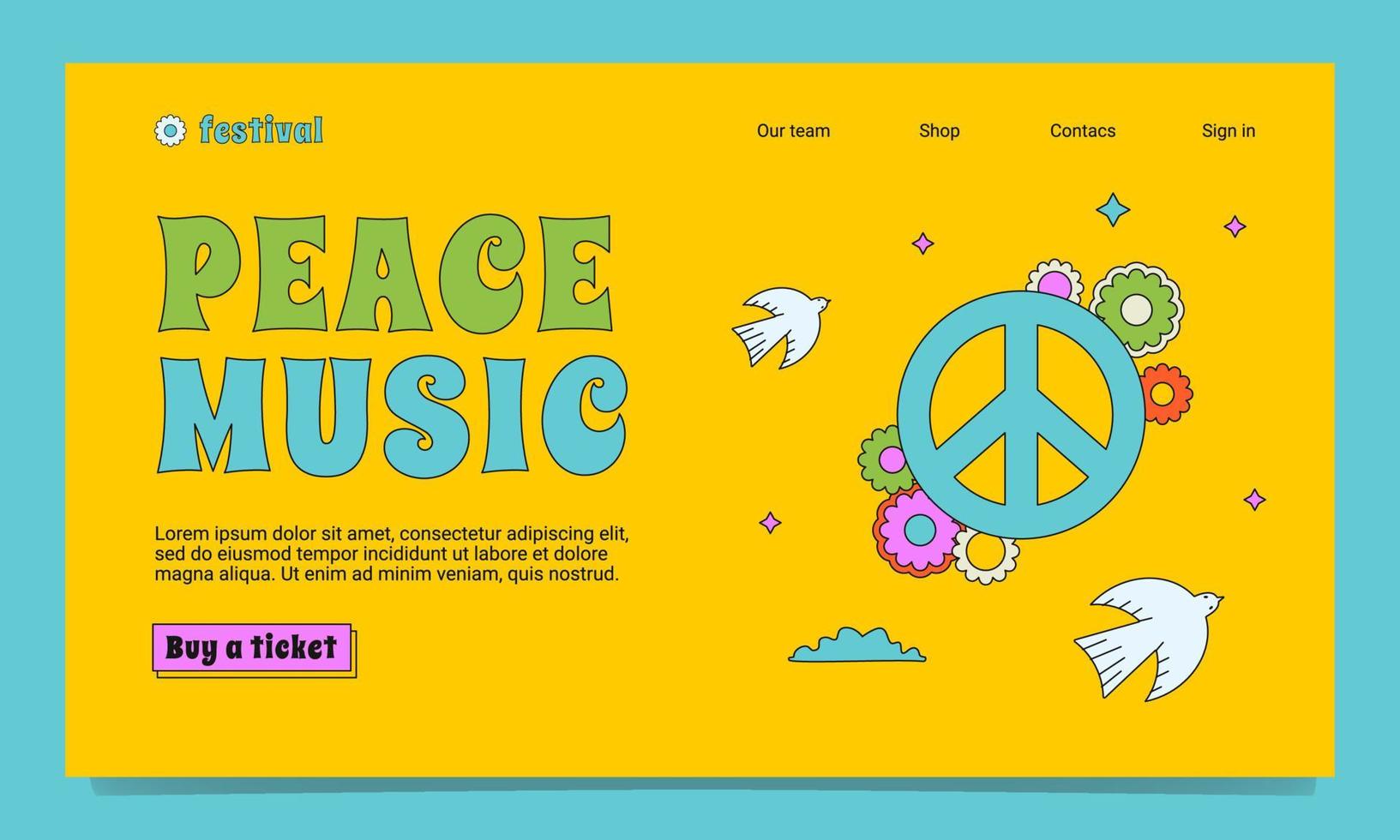 A colourful landing page template in the 1970s, 1960s style. A hippy outlined illustration with peace sign, dove, flowers and clouds. vector