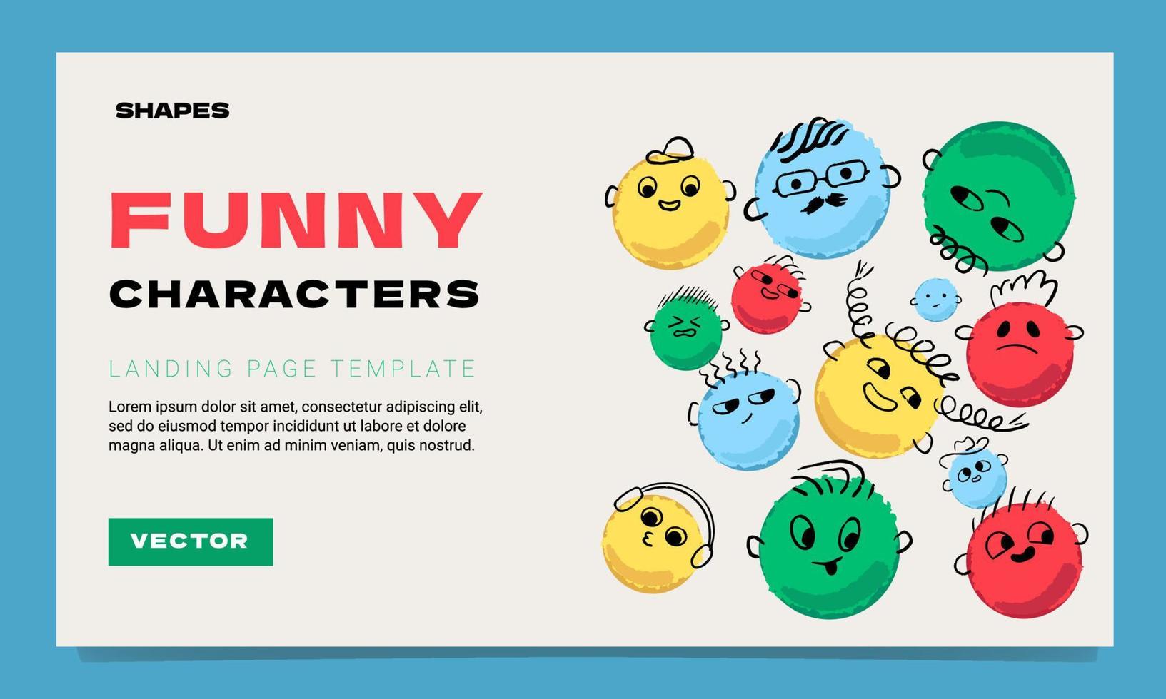 A landing page template with round colourful characters with different emotions. An illustration with a chaos of wrinkled figures. vector