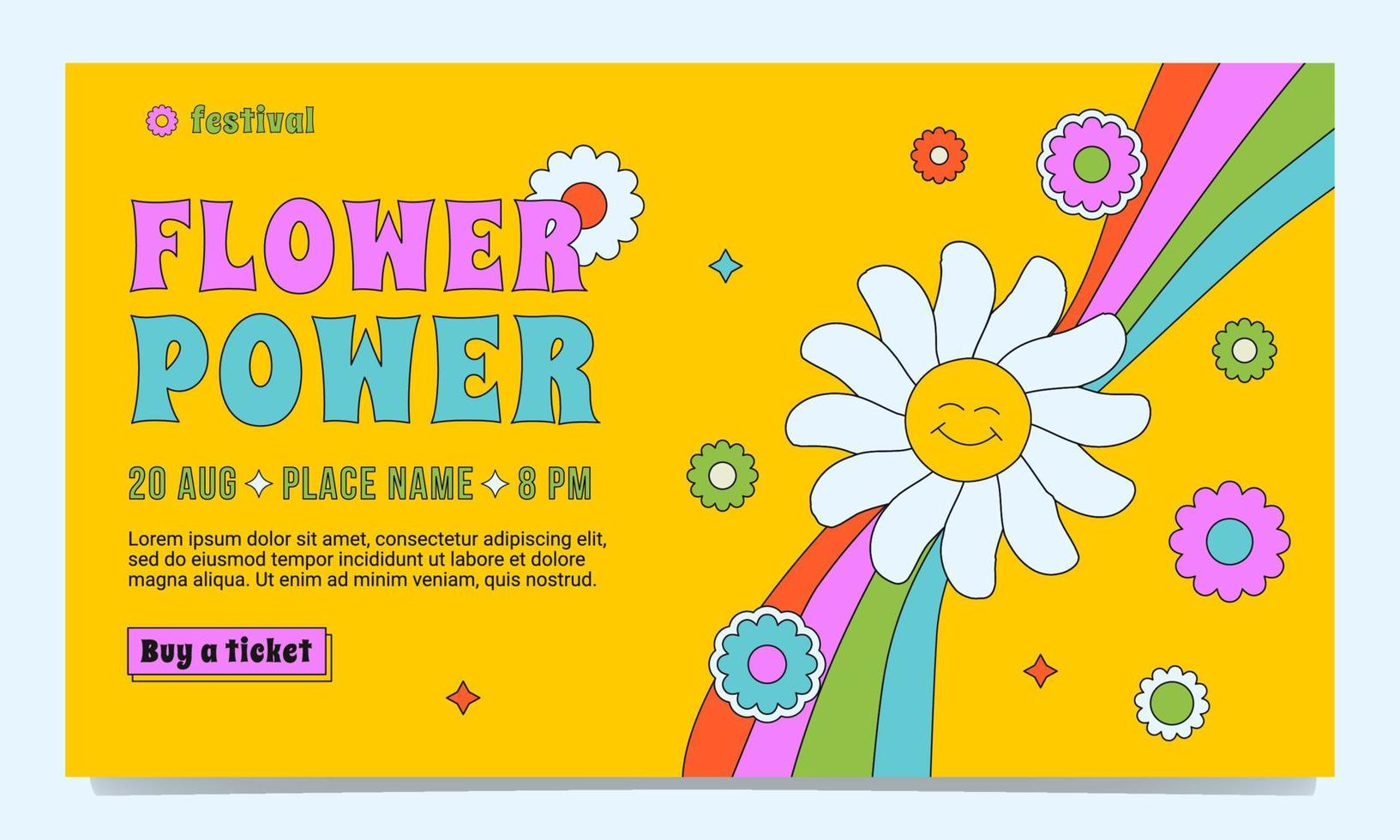 A bright landing page template in the groovy style. A acid outlined illustration with a smiling chamomile, wavy rainbow, flowers. vector