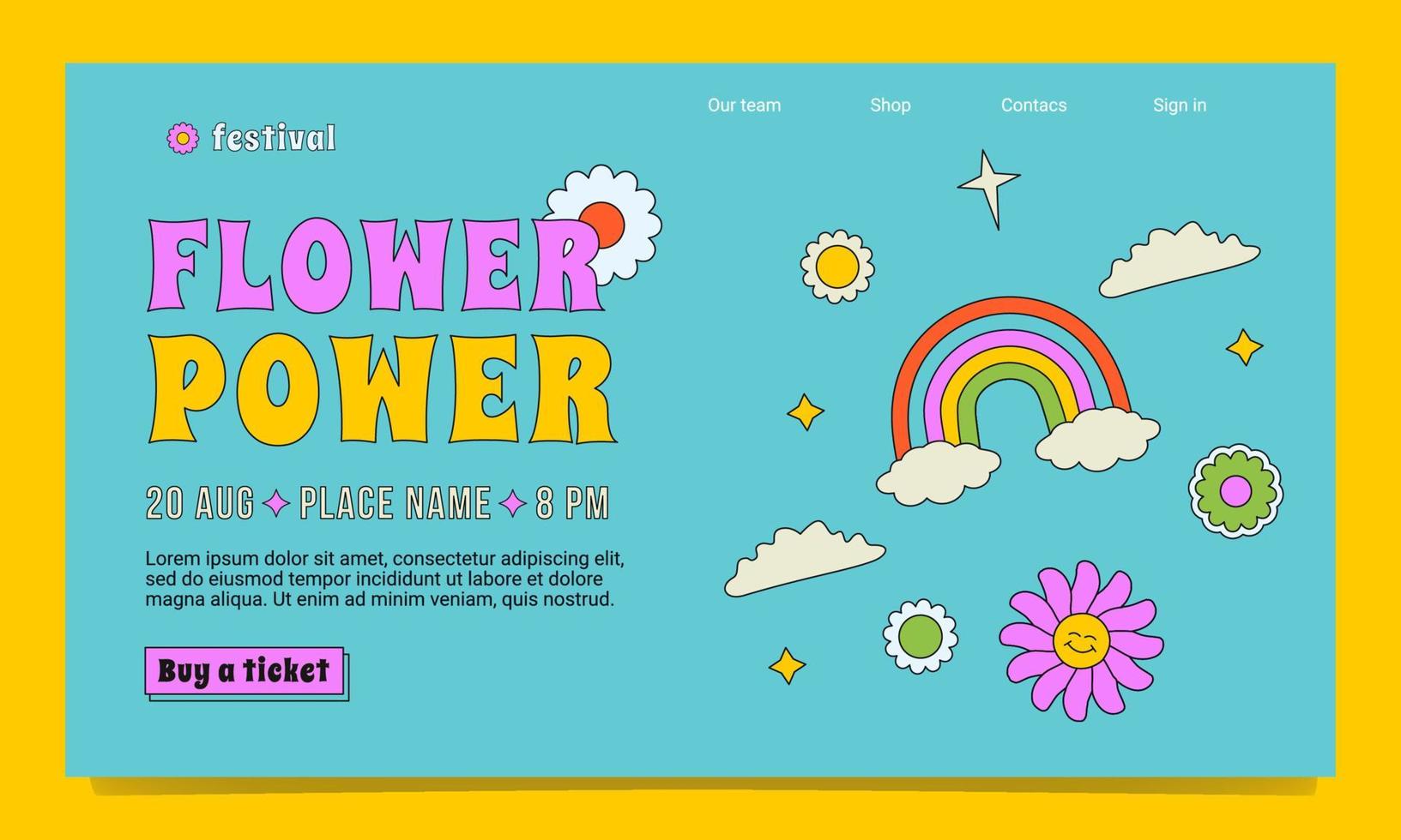 A bright landing page template in the groovy style. A positive outlined illustration with rainbow, flowers and clouds. vector