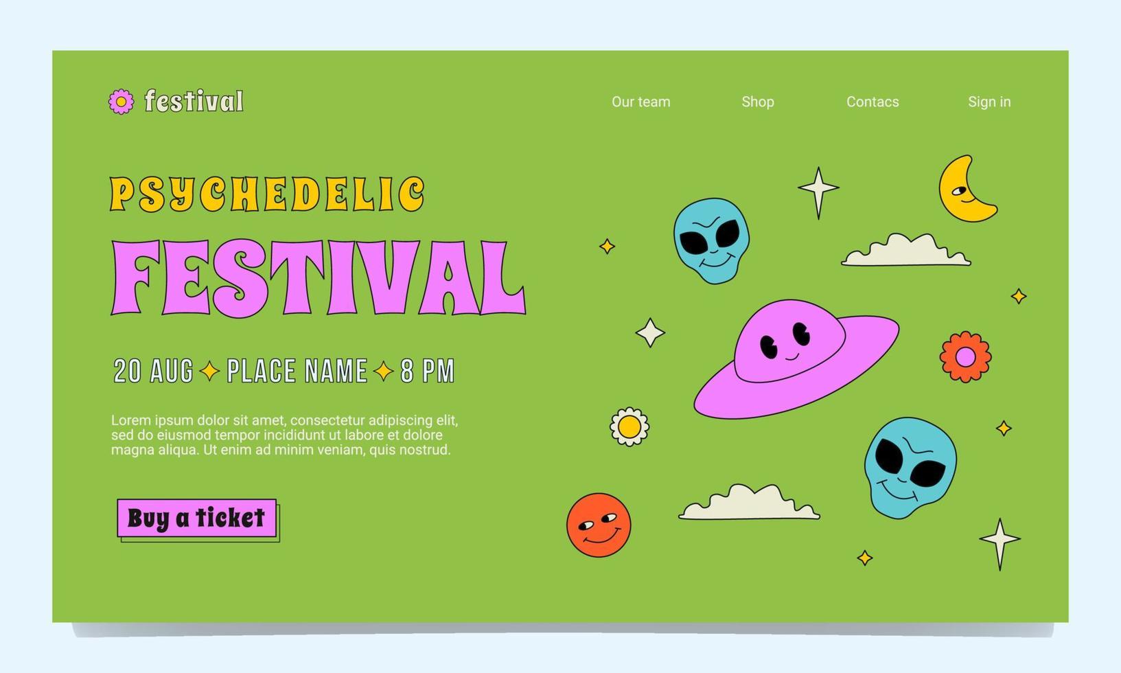 A psychedelic festival website template in the 1970s, 1960s style. A crazy outlined illustration with smiling ufo, aliens, clouds, flowers. vector