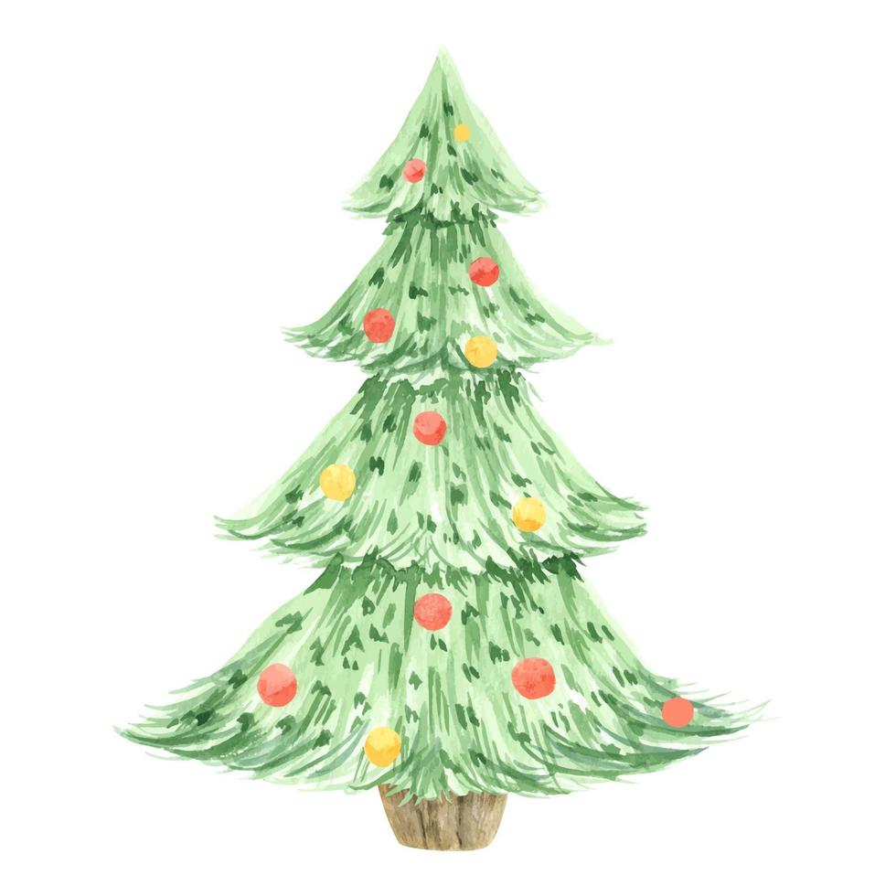 Watercolor illustration of a Christmas tree with toys. Isolated. Watercolor Christmas tree card. Holiday illustration for design, print, fabric or background. vector