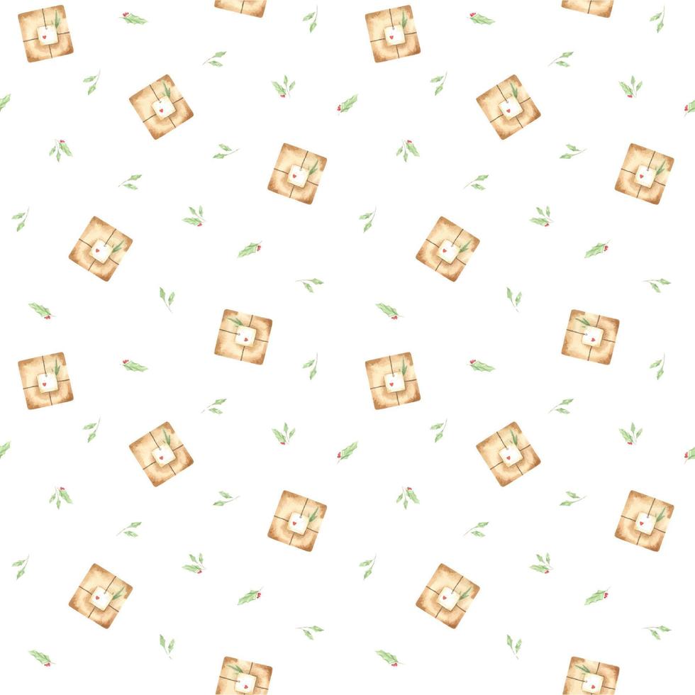 Christmas watercolor seamless pattern with gift boxes and holly. Festive illustration for wrapping paper, textiles, wallpaper, fabric, design elements vector