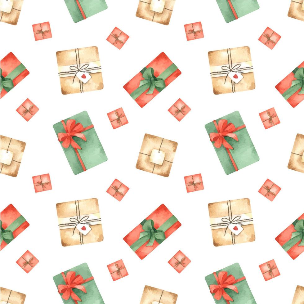 Christmas watercolor seamless pattern with gift boxes in red, green and beige. Festive illustration for wrapping paper, textiles, wallpaper, fabric, design elements vector