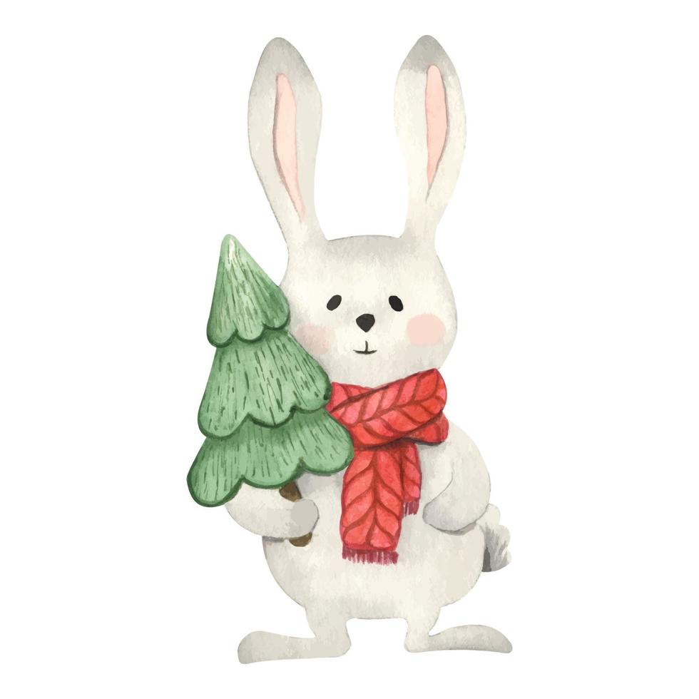 A gray rabbit in a red knitted scarf holds a Christmas tree. Watercolor illustration drawn by hands. Cute Christmas character for greeting cards and invitations. 2023 vector