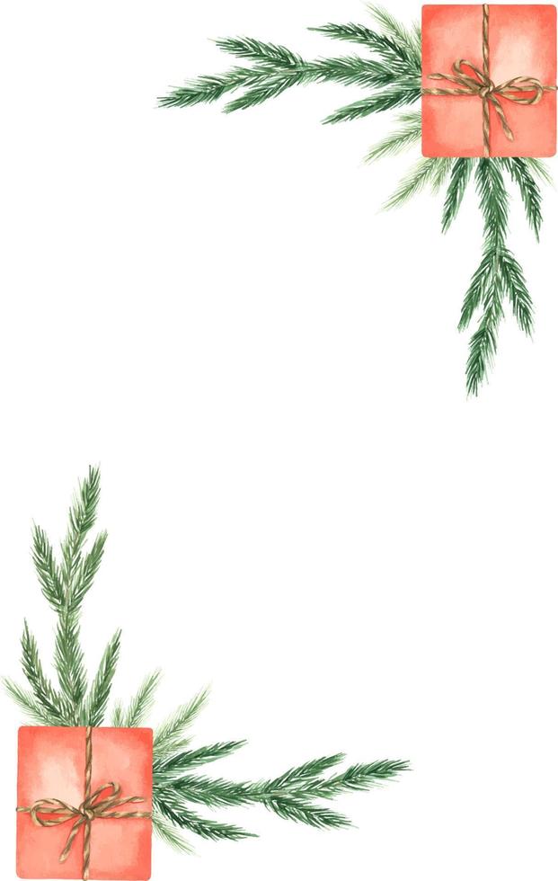 Watercolor christmas design composition of fir branches and gifts. Christmas illustration for winter cover, invitations, banner, greeting cards. vector