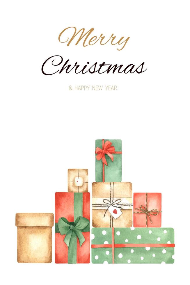 A Christmas card with a pile of gift boxes. Happy Christmas and New Year greeting card. A huge pyramid of gift boxes. Watercolor Christmas gifts. vector