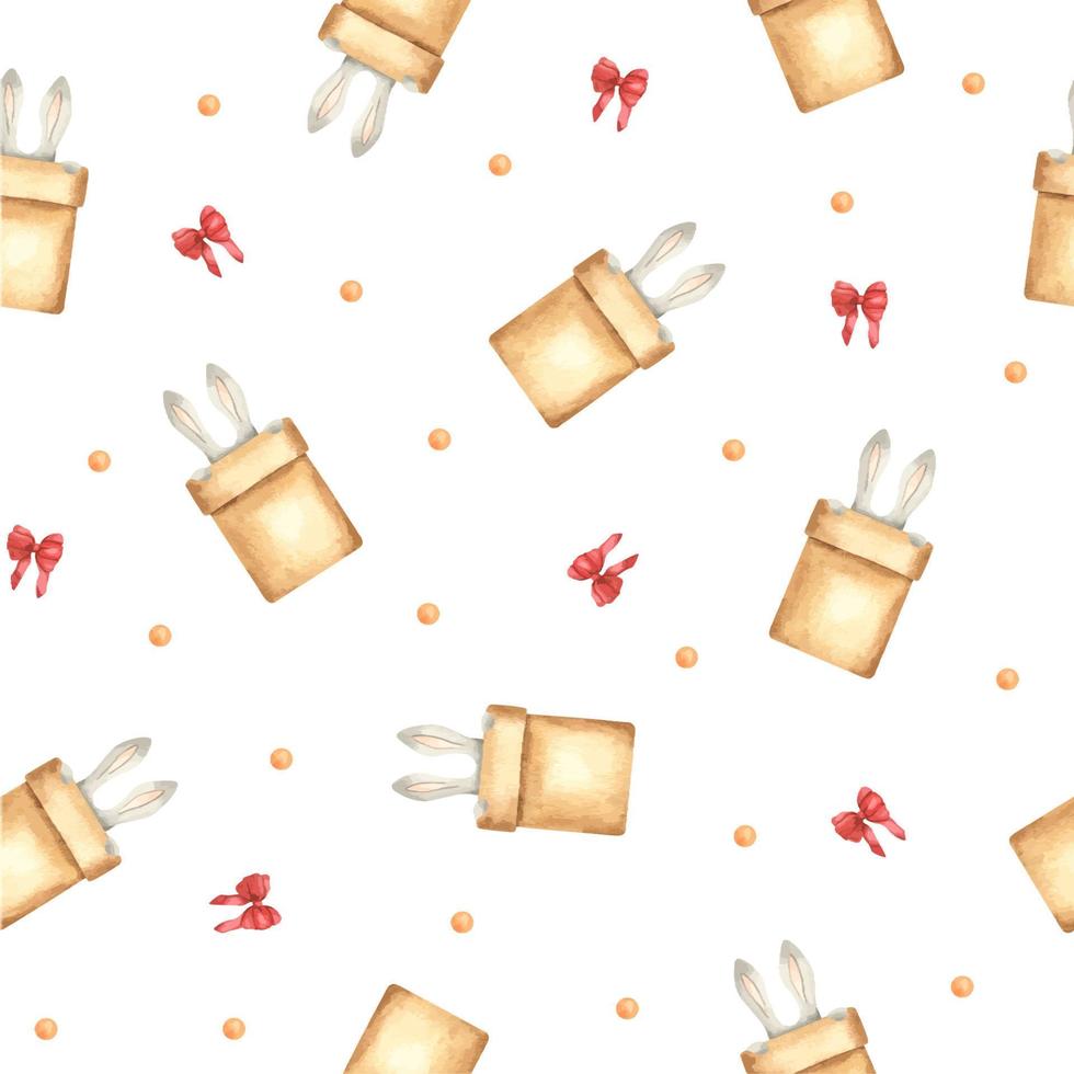 Christmas watercolor seamless pattern with Gift boxes with bunny ears sticking out and red bows. Festive illustration for wrapping paper, textiles, wallpaper, fabric, design elements vector