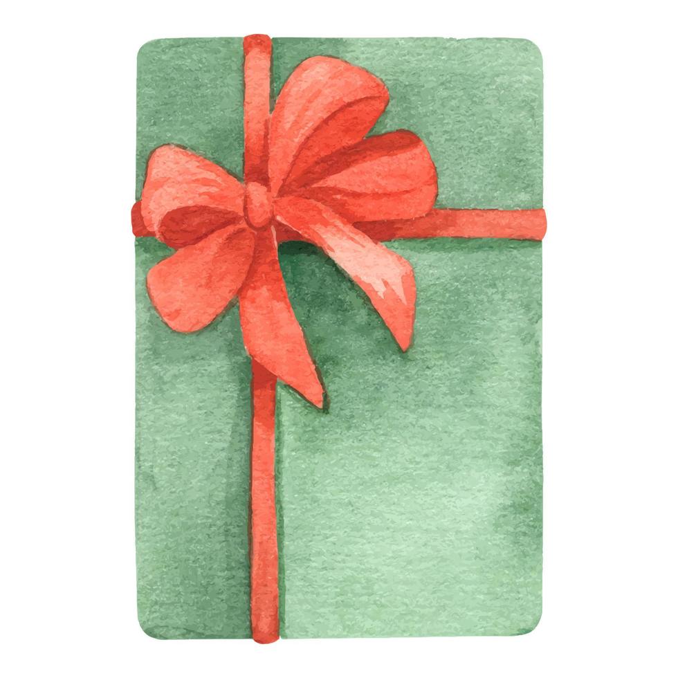 Presents. Beautiful green gift box with red bow. Watercolor hand drawn illustration. Gift box with bow covered with decorative paper. Christmas gift. Isolated vector