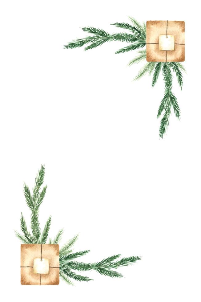 Watercolor christmas design composition of fir branches and gifts. Christmas illustration for winter cover, invitations, banner, greeting cards. vector