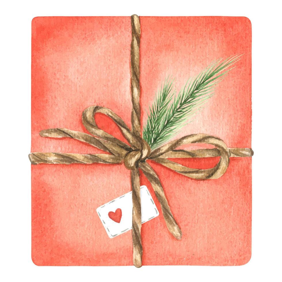 Presents. Beautiful red gift box with bow, pine branch and tag. Watercolor hand drawn illustration. Christmas gift box with bow covered with decorative paper. Isolated vector