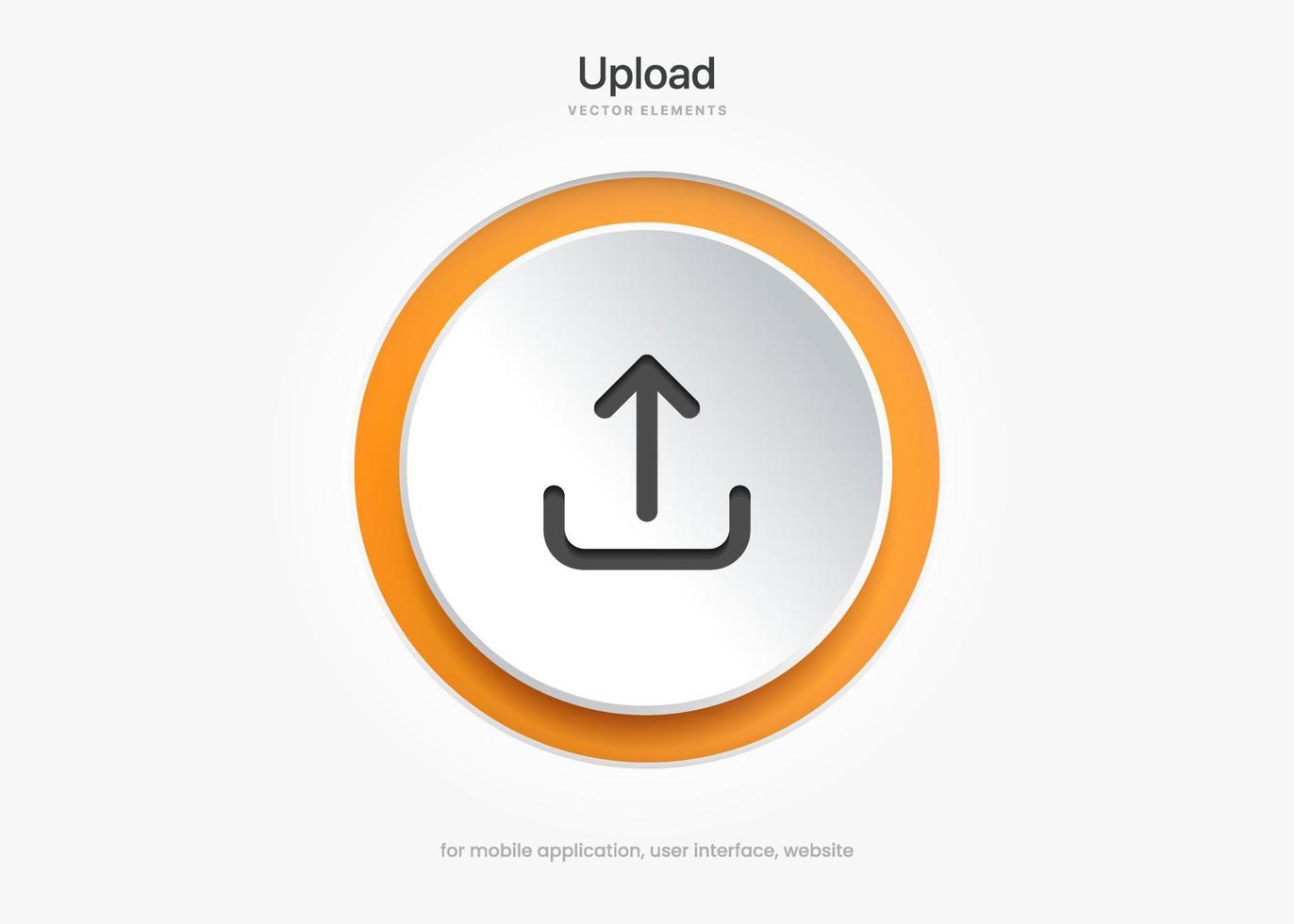 3D orange upload download button icon. Upload icon. Down arrow bottom side symbol. Click here button. Save cloud icon push button for UI UX, website, mobile application. vector